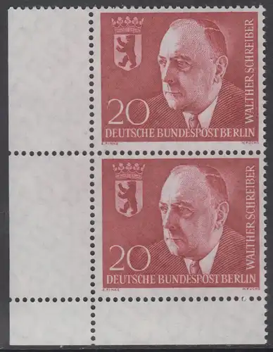 BERLIN 1960 Michel-Nummer 192 postfrisch vert.PAAR ECKRAND unten links - Todestag von Walther Schreiber, Politiker
