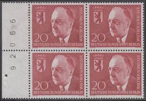 BERLIN 1960 Michel-Nummer 192 postfrisch BLOCK RÄNDER links m/ Bogennummer - Todestag von Walther Schreiber, Politiker