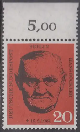 BERLIN 1961 Michel-Nummer 197 postfrisch EINZELMARKE RAND oben (d) - Todestag von Hans Böckler, Gewerkschaftsführer