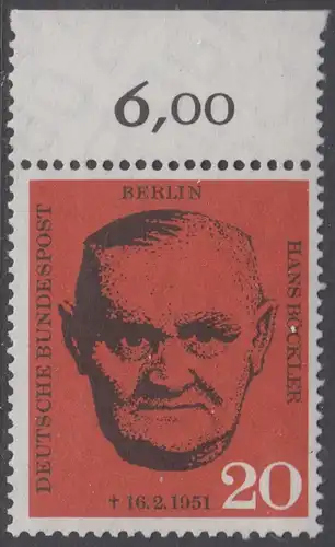 BERLIN 1961 Michel-Nummer 197 postfrisch EINZELMARKE RAND oben (e) - Todestag von Hans Böckler, Gewerkschaftsführer