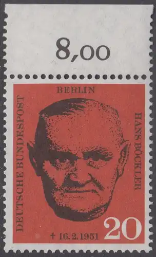 BERLIN 1961 Michel-Nummer 197 postfrisch EINZELMARKE RAND oben (g) - Todestag von Hans Böckler, Gewerkschaftsführer