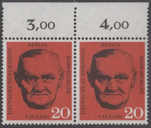 BERLIN 1961 Michel-Nummer 197 postfrisch horiz.PAAR Ränder oben - Todestag von Hans Böckler, Gewerkschaftsführer