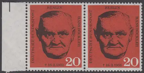 BERLIN 1961 Michel-Nummer 197 postfrisch horiz.PAAR RAND links - Todestag von Hans Böckler, Gewerkschaftsführer