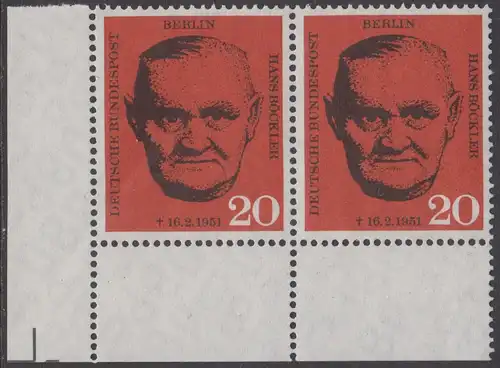 BERLIN 1961 Michel-Nummer 197 postfrisch horiz.PAAR ECKRAND unten links - Todestag von Hans Böckler, Gewerkschaftsführer