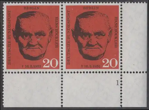 BERLIN 1961 Michel-Nummer 197 postfrisch horiz.PAAR ECKRAND unten rechts m/ Formnummer - Todestag von Hans Böckler, Gewerkschaftsführer
