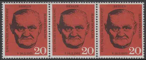 BERLIN 1961 Michel-Nummer 197 postfrisch horiz.STRIP(3) - Todestag von Hans Böckler, Gewerkschaftsführer