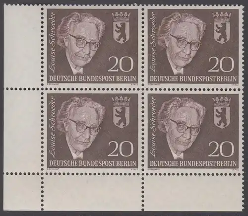 BERLIN 1961 Michel-Nummer 198 postfrisch BLOCK ECKRAND unten links (a) - Todestag von Louise Schröder, Politikerin