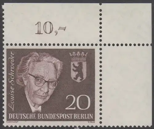 BERLIN 1961 Michel-Nummer 198 postfrisch EINZELMARKE ECKRAND oben rechts (a) - Todestag von Louise Schröder, Politikerin
