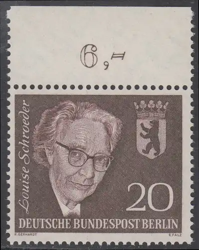 BERLIN 1961 Michel-Nummer 198 postfrisch EINZELMARKE RAND oben (b/a) - Todestag von Louise Schröder, Politikerin