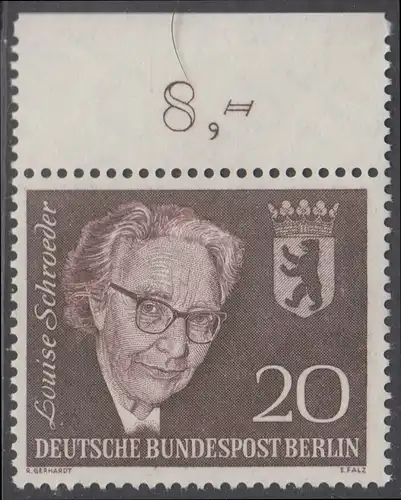BERLIN 1961 Michel-Nummer 198 postfrisch EINZELMARKE RAND oben (c) - Todestag von Louise Schröder, Politikerin