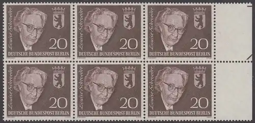 BERLIN 1961 Michel-Nummer 198 postfrisch horiz.BLOCK(6) RÄNDER rechts (b) - Todestag von Louise Schröder, Politikerin
