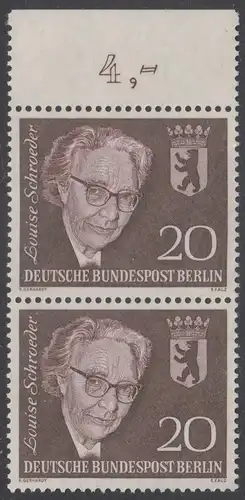 BERLIN 1961 Michel-Nummer 198 postfrisch vert.PAAR RAND oben (a) - Todestag von Louise Schröder, Politikerin