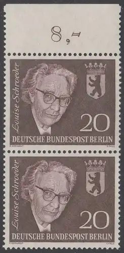BERLIN 1961 Michel-Nummer 198 postfrisch vert.PAAR RAND oben (c) - Todestag von Louise Schröder, Politikerin