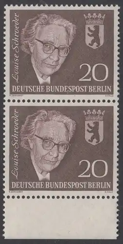 BERLIN 1961 Michel-Nummer 198 postfrisch vert.PAAR RAND unten (a) - Todestag von Louise Schröder, Politikerin