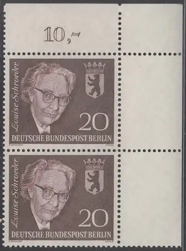 BERLIN 1961 Michel-Nummer 198 postfrisch vert.PAAR ECKRAND oben rechts - Todestag von Louise Schröder, Politikerin