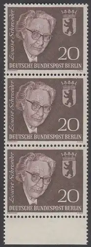 BERLIN 1961 Michel-Nummer 198 postfrisch vert.STRIP(3) Rand unten - Todestag von Louise Schröder, Politikerin