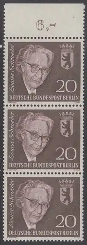 BERLIN 1961 Michel-Nummer 198 postfrisch vert.STRIP(3) Rand oben - Todestag von Louise Schröder, Politikerin