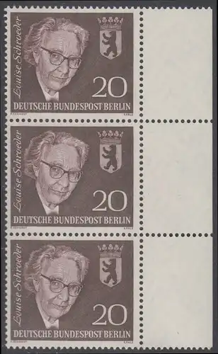 BERLIN 1961 Michel-Nummer 198 postfrisch vert.STRIP(3) Ränder rechts - Todestag von Louise Schröder, Politikerin
