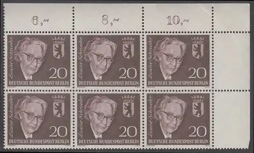 BERLIN 1961 Michel-Nummer 198 postfrisch horiz.BLOCK(6) ECKRAND oben rechts - Todestag von Louise Schröder, Politikerin