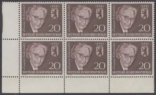 BERLIN 1961 Michel-Nummer 198 postfrisch horiz.BLOCK(6) ECKRAND unten links - Todestag von Louise Schröder, Politikerin