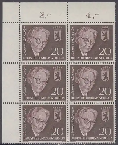 BERLIN 1961 Michel-Nummer 198 postfrisch vert.BLOCK(6) ECKRAND oben links - Todestag von Louise Schröder, Politikerin