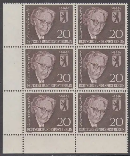 BERLIN 1961 Michel-Nummer 198 postfrisch vert.BLOCK(6) ECKRAND unten links - Todestag von Louise Schröder, Politikerin