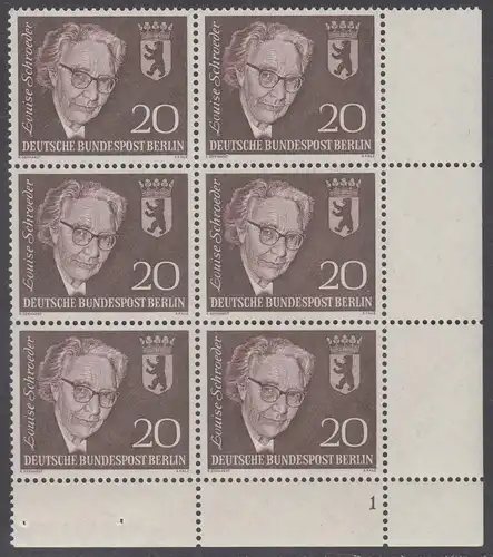 BERLIN 1961 Michel-Nummer 198 postfrisch vert.BLOCK(6) ECKRAND unten rechts m/ Formnummer (a) - Todestag von Louise Schröder, Politikerin