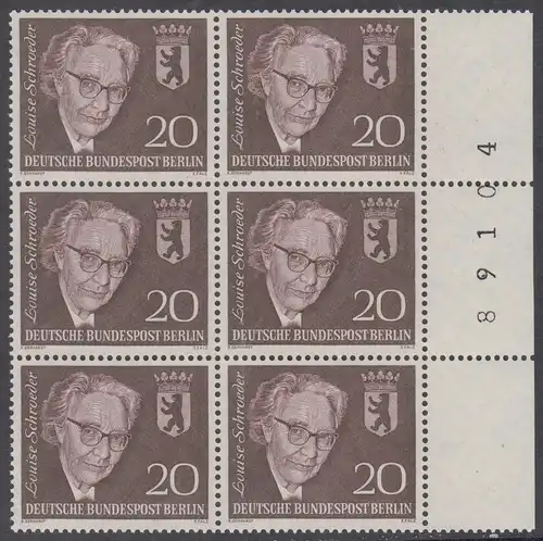 BERLIN 1961 Michel-Nummer 198 postfrisch vert.BLOCK(6) RÄNDER rechts m/ Bogenzähler (89104) - Todestag von Louise Schröder, Politikerin