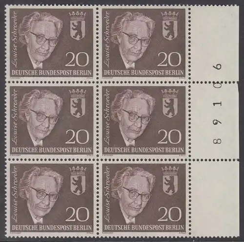 BERLIN 1961 Michel-Nummer 198 postfrisch vert.BLOCK(6) RÄNDER rechts m/ Bogenzähler (89106) - Todestag von Louise Schröder, Politikerin