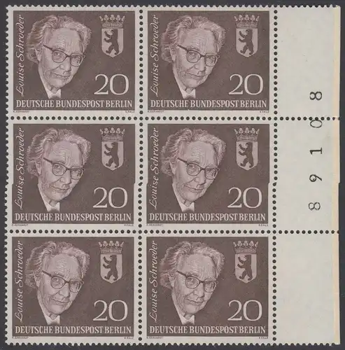 BERLIN 1961 Michel-Nummer 198 postfrisch vert.BLOCK(6) RÄNDER rechts m/ Bogenzähler (89108) - Todestag von Louise Schröder, Politikerin
