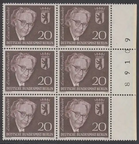 BERLIN 1961 Michel-Nummer 198 postfrisch vert.BLOCK(6) RÄNDER rechts m/ Bogenzähler (89109) - Todestag von Louise Schröder, Politikerin