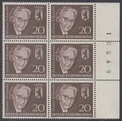BERLIN 1961 Michel-Nummer 198 postfrisch vert.BLOCK(6) RÄNDER rechts m/ Bogenzähler (89301) - Todestag von Louise Schröder, Politikerin