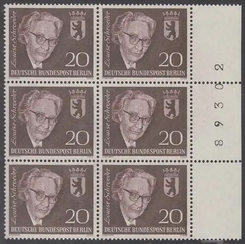 BERLIN 1961 Michel-Nummer 198 postfrisch vert.BLOCK(6) RÄNDER rechts m/ Bogenzähler (89302) - Todestag von Louise Schröder, Politikerin