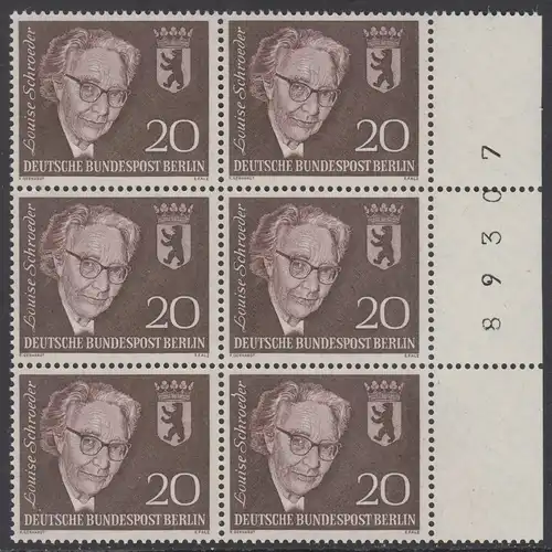 BERLIN 1961 Michel-Nummer 198 postfrisch vert.BLOCK(6) RÄNDER rechts m/ Bogenzähler (89307) - Todestag von Louise Schröder, Politikerin