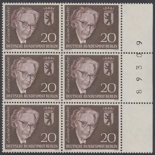 BERLIN 1961 Michel-Nummer 198 postfrisch vert.BLOCK(6) RÄNDER rechts m/ Bogenzähler (89309) - Todestag von Louise Schröder, Politikerin