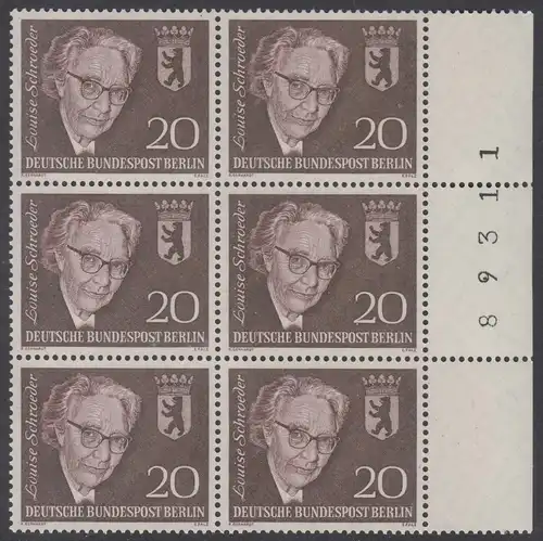 BERLIN 1961 Michel-Nummer 198 postfrisch vert.BLOCK(6) RÄNDER rechts m/ Bogenzähler (89311) - Todestag von Louise Schröder, Politikerin