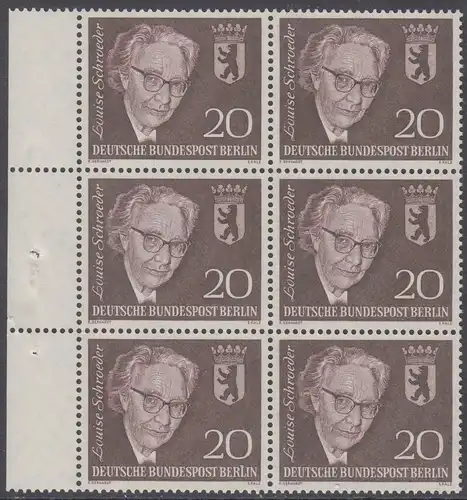BERLIN 1961 Michel-Nummer 198 postfrisch vert.BLOCK(6) RÄNDER links - Todestag von Louise Schröder, Politikerin
