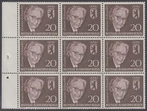 BERLIN 1961 Michel-Nummer 198 postfrisch BLOCK(9) RÄNDER links - Todestag von Louise Schröder, Politikerin