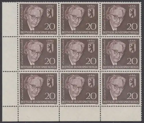 BERLIN 1961 Michel-Nummer 198 postfrisch BLOCK(9) ECKRAND unten links - Todestag von Louise Schröder, Politikerin