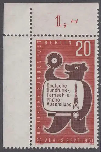 BERLIN 1961 Michel-Nummer 217 postfrisch EINZELMARKE ECKRAND oben links - Deutsche Rundfunk-, Fernseh- und Phono-Ausstellung, Berlin