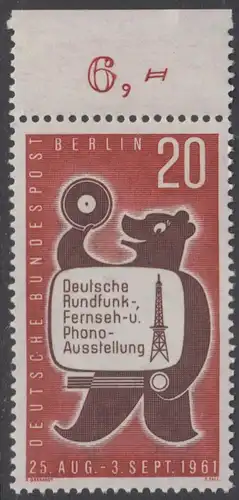 BERLIN 1961 Michel-Nummer 217 postfrisch EINZELMARKE RAND oben (e) - Deutsche Rundfunk-, Fernseh- und Phono-Ausstellung, Berlin