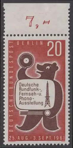 BERLIN 1961 Michel-Nummer 217 postfrisch EINZELMARKE RAND oben (f) - Deutsche Rundfunk-, Fernseh- und Phono-Ausstellung, Berlin