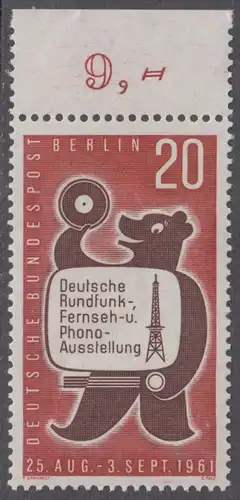 BERLIN 1961 Michel-Nummer 217 postfrisch EINZELMARKE RAND oben (k) - Deutsche Rundfunk-, Fernseh- und Phono-Ausstellung, Berlin