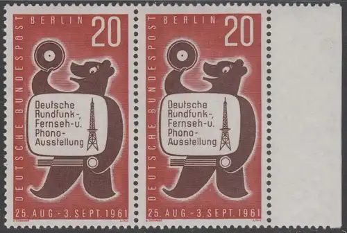 BERLIN 1961 Michel-Nummer 217 postfrisch horiz.PAAR RAND rechts - Deutsche Rundfunk-, Fernseh- und Phono-Ausstellung, Berlin