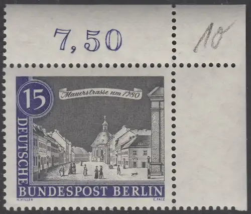 BERLIN 1962 Michel-Nummer 220 postfrisch EINZELMARKE ECKRAND oben rechts (b) - Alt-Berlin: Mauerstraße