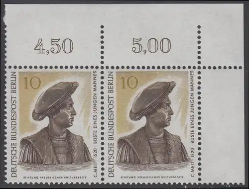 BERLIN 1967 Michel-Nummer 303 postfrisch horiz.PAAR ECKRAND oben rechts - Berliner Kunstschätze: Büste eines jungen Mannes