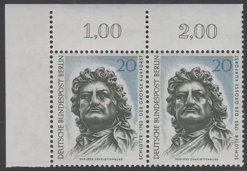 BERLIN 1967 Michel-Nummer 304 postfrisch horiz.PAAR ECKRAND oben links - Berliner Kunstschätze: Der Große Kurfürst, Kopf des Reiterstandbildes