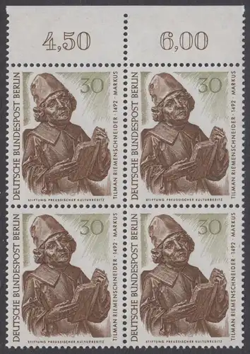 BERLIN 1967 Michel-Nummer 305 postfrisch BLOCK RÄNDER oben (a01) - Berliner Kunstschätze: Evangelist Markus, Detail des Münnerstädter Altars