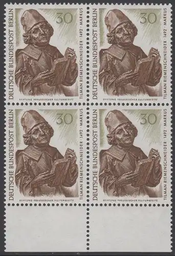 BERLIN 1967 Michel-Nummer 305 postfrisch BLOCK RÄNDER unten - Berliner Kunstschätze: Evangelist Markus, Detail des Münnerstädter Altars