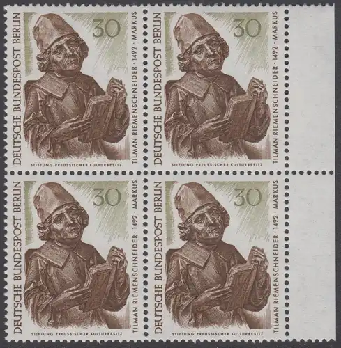 BERLIN 1967 Michel-Nummer 305 postfrisch BLOCK RÄNDER rechts - Berliner Kunstschätze: Evangelist Markus, Detail des Münnerstädter Altars